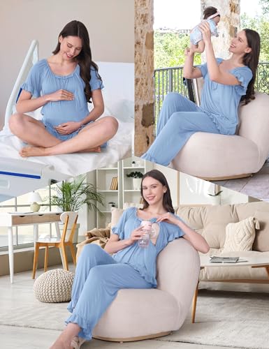 SUNNYBUY 3 PCS Ruffle Nursing Pajamas Set with Bow, Maternity Sleepwear - color: Sky Blue, size: XX-Large