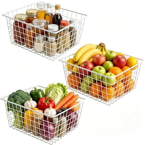 3 Pack White Wire Baskets,14.1"x10.4"x5.6", Wire Freezer Storage Organizer Bins with Handles for Cabinets, Pantry, Closets, Bedrooms - size: 14.1"x10.4"(white)
