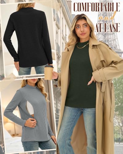 Huukeay 4 Pack Women's Long Sleeve Waffle Nursing Shirts - color: Army Green, Khaki, Light Gray, Black, size: X-Large