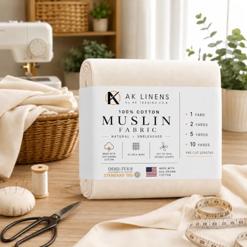 AK TRADING CO. Muslin Fabric/Textile Unbleached - Draping Fabric - Natural 1 Yard Medium Weight - 100% Cotton (63in. Wide) - color: Natural Unbleached, size: 1 Yard