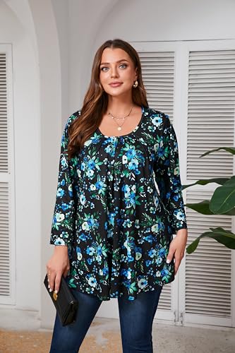 Plus Size Tunic Tops for Women 3/4 Sleeve Tunics Loose Fit Shirt Crew Neck Pleated Solid Casual Dressy Blouses - color: Blue Flower +Black, size: XX-Large