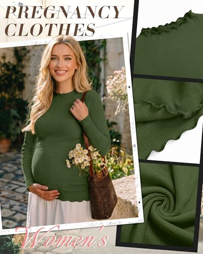 Huukeay 3 Pack Women Ribbed Long Sleeve Crew Neck Maternity Tops - color: Army Green, Light Gray, Black, size: Medium