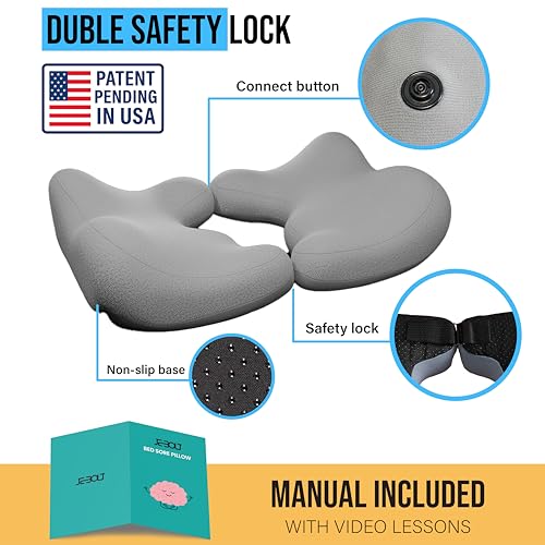 Memory Foam Bed Sore Cushion with T-Shaped Cutout – Pressure Relief Pillow for Tailbone, Coccyx & Butt | Dual-Piece Design with Massage Tool & Washable Cover for Sitting or Lying (Grey) - color: Grey