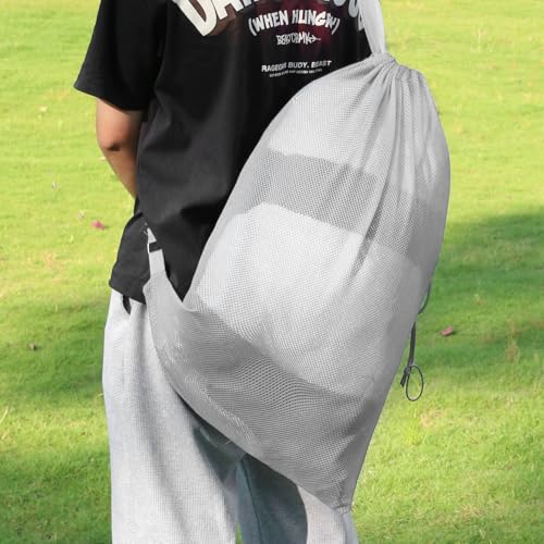 NATURAL STYLE Large Mesh Drawstring Backpack Bag, Gym Sports String Bag, Outdoor Workout Beach Swim Bag (Grey) - color: Grey