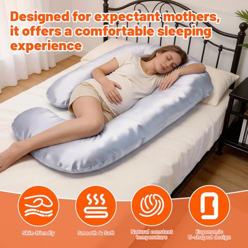 JZHLLA Maternity Pillow Cover, Silky Satin Fabric Removable & Washable U-Shaped Smooth Pregnancy Pillow Cover with Hidden Zip(Grey,2 PCS)