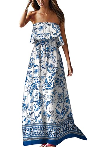 ZMPSIISA Womens Summer Off Shoulder Maxi Dress Strapless Boho Long Dresses - color: A-flower Blue, size: Medium
