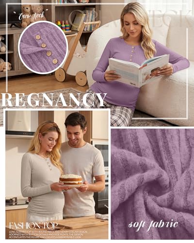 Oakgarden 3 Pack Womens Maternity Sweaters Henley Pregnancy Tops - color: Black, Apricot, Pinkish Purple, size: Medium