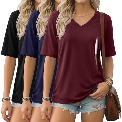 Neer 3 Pack Women's Nursing Shirts Breastfeeding Tops - color: Burgundy, Navy Blue, Black, size: Small