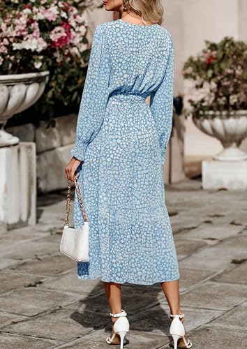 PRETTYGARDEN Womens Long Sleeve Boho Maxi Fall Floral Wedding Guest Dresses - color: Dark Blue, size: Medium