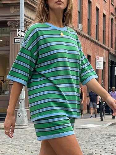 Tankaneo Womens 2 Piece Pajama Sets Oversized Tops Loose Shorts Lounge Sets - color: A-striped Green, size: Large