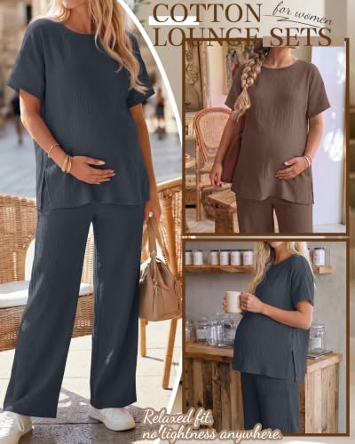 Ficerd 4 Pcs 100% Cotton Muslin Maternity Pajamas Lounge Sets - color: Dark Blue, Light Brown, size: X-Large