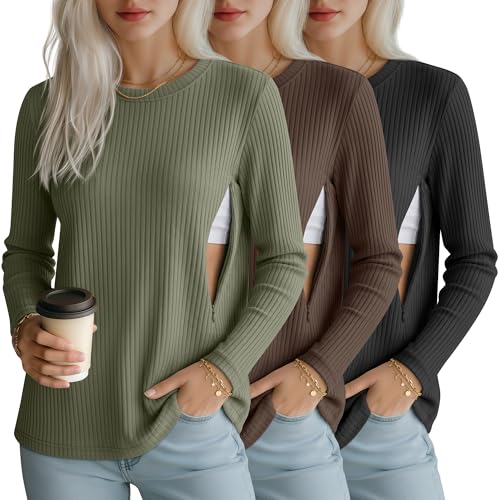 3 Pack Womens Long Sleeve Nursing Shirts, Ribbed Knit - color: Gray Green, Coffee, Black, size: XX-Large