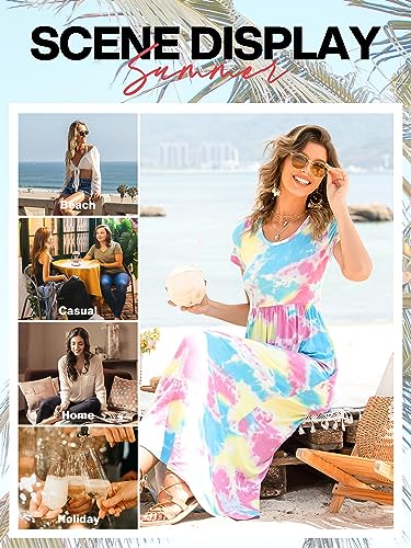 VIISHOW Women's Short Sleeve Loose Plain Maxi Dresses Casual Long Dresses with Pockets - color: 1-flower-white, size: X-Large