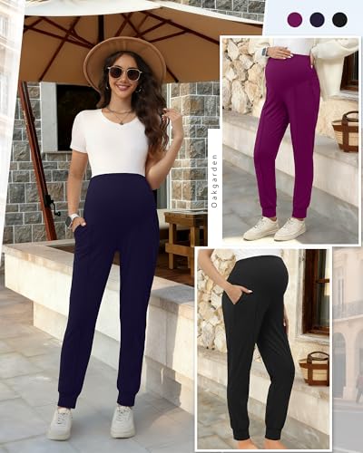 Oakgarden 3 Pack Women's Maternity Pants Over the Belly Joggers - color: Black, Navy Blue, Fuchsia, size: Small