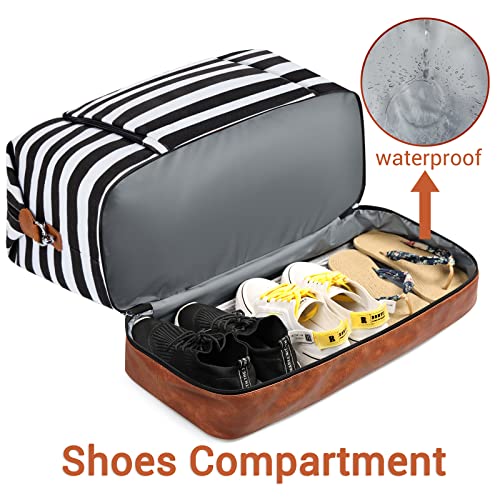 TIBES Travel Weekender Bag for Women, Overnight Bag with Shoe Compartment - color: L-Black & White Strips