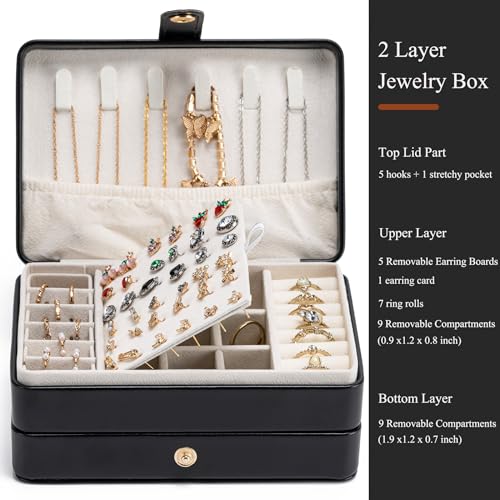 Travel Jewelry Case, 2-Layer Large Jewelry Organizer Box, Black, PU Leather - color: Black-P, size: Large-2 Layer