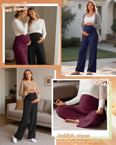 Oakgarden 3 Pack Women's Fleece Maternity Pants - color: Fuchsia, Navy Blue, Black, size: XX-Large
