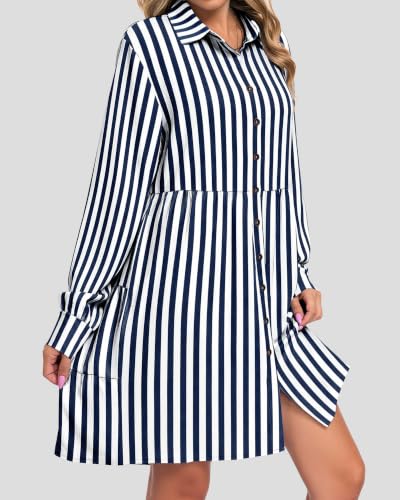 AUSELILY Women's Babydoll Dress Casual Long Sleeve Fall Tunic Dresses - color: Navy Blue Stripes, size: Medium
