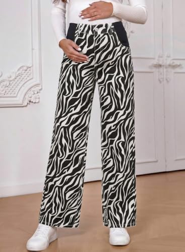 BLENCOT Women's Maternity Jeans Fashion Printed Pregnancy Denim Pants - color: Black White, size: Medium
