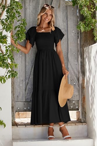 MASCOMODA Womens Summer Casual Smocked Flowy Midi Dress - color: Black, size: XX-Large