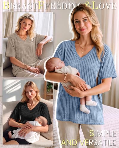 Huukeay 3 Pack Women's V Neck Nursing T-Shirts - color: Blue, Khaki, Black, size: Large