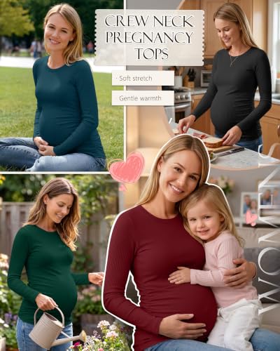Ficerd 4 Pack Women's Maternity Shirts Long Sleeve Pregnancy Top - color: Black, Dark Green, Wine Red, Teal Blue, size: Large