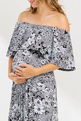 My Bump Women's Ruffle Off The Shoulder Maxi Maternity Dress-Made in USA - color: Blue Lbav, size: Medium