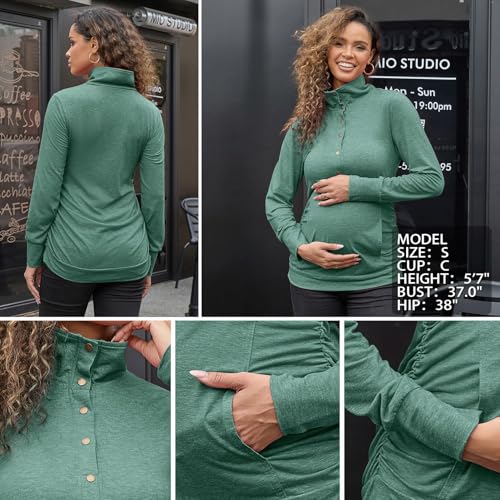 Bhome Maternity Shirt Casual Long Sleeve Half Button Front Lightweight Sweatshirts Slim Fit Pullover Tops with Pockets - color: Green, size: Medium