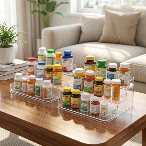Medicine Cabinet Organizer 3 Tier Plastic Spice Organization for Cabinet Vitamin Organizer Countertop Step Shelf Makeup Organizer Countertop for Bathroom Kitchen Pantry Home Storage