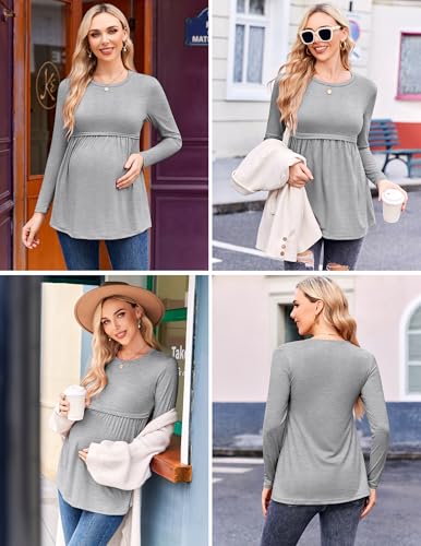 Ekouaer Maternity Shirts 3 Pack Pleated Long Sleeve Tops Pregnancy Clothes - color: Black/Green/Light Grey, size: Large