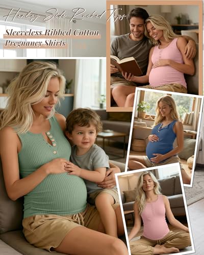 3 Pack Maternity Tank Tops Ribbed Tops - color: Light Pink, Gray Green, Haze Blue, size: X-Large
