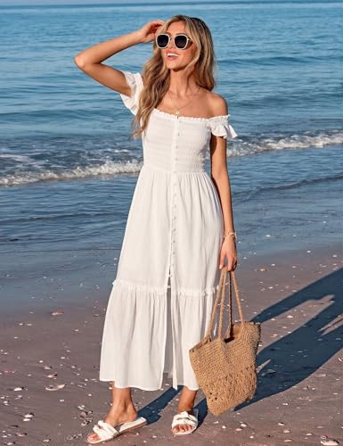 Women Summer Casual Midi Dress Square Neck Button Down Smocked Ruffle Strap Flowy Split Beach Sundress Pockets - color: White, size: Medium