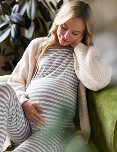 Ekouaer Nursing Pajamas Set Long Sleeve Maternity Clothes Thermal Underwear - color: Ash Light Gray Stripe, size: Medium