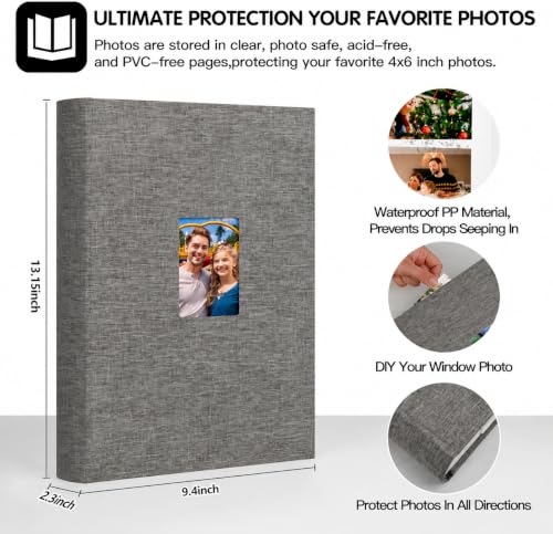 450 Pocket 4x6 Photo Album with Writing Space, Linen Cover, Grey - color: Grey