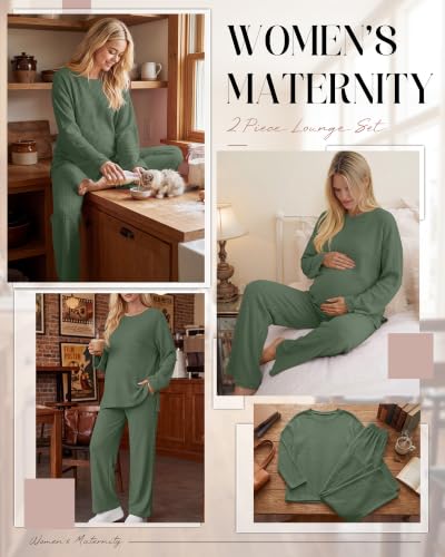 Huukeay Women's Maternity 2 Piece Waffle Outfits Lounge Set - color: Gray Green, size: X-Large