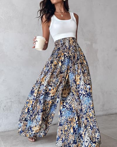 CHICME Womens Boho High Waisted Wide Leg Palazzo Pants Beach Vacation Wear - color: A-blue, size: Large