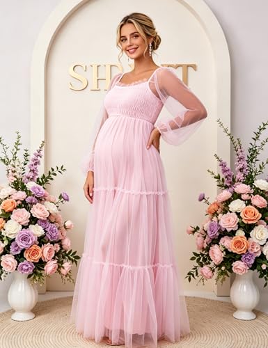 Maternity Maxi Dress Women Elegant Mesh Dress for Baby Shower - size: Medium