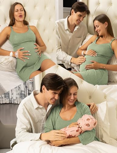 SUNNYBUY Nursing Nightgown & Maternity Robe Set for Postpartum Sleepwear - color: Greyish-green, size: Medium