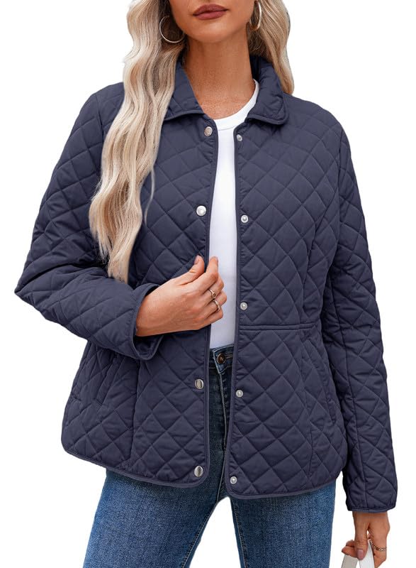 Dokotoo Women's Winter Quilted Jackets Long Sleeve Button Down Diamond Puffer Jacket Outerwear Coats with Pockets - color: Blue, size: Small