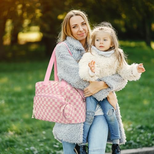 Tenot Diaper Bag Tote, Baby Bag with Pacifier Case, Pink Checkered - color: Pink Checkered