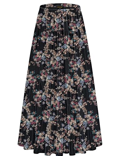 NASHALYLY Women's Chiffon Elastic High Waist Pleated A-Line Maxi Skirts - color: Black Floral-c, size: Medium