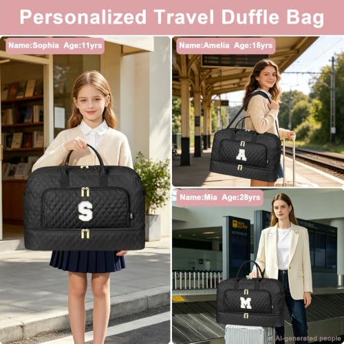 TIBES Birthday Graduation Gift for Her, Initial Weekender Bag for Women 45L - color: Black Diamond Quilted, style: L