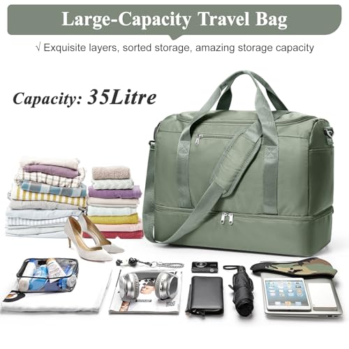 Travel Duffel Bag,Carry-On Overnight Weekender Bags with Shoes Compartment - color: Olive Green, size: Small