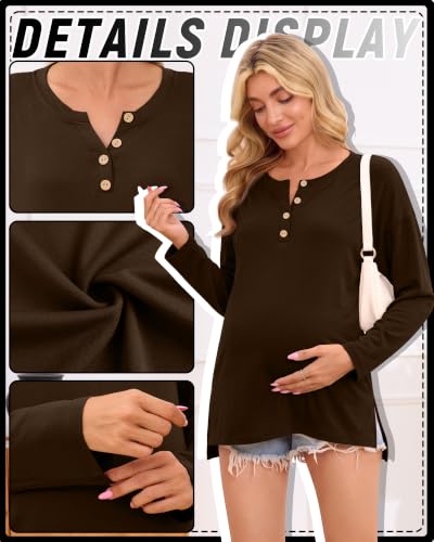 Ficerd Women Maternity Shirt Pregnant Long Sleeve Henley Top - color: Brown, size: Medium