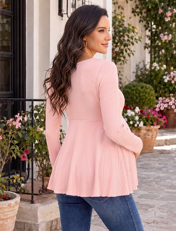 Genhoo Womens Long Sleeve Maternity Tops Ribbed V Neck Maternity Shirts - color: Dusty Pink, size: Medium