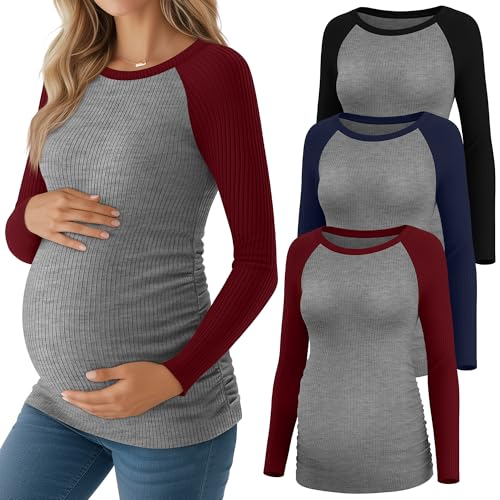 Neer 3 Pack Maternity Long Sleeve Shirts Ribbed Pregnancy Tops - color: Black, Navy Blue, Wine Red, size: Small