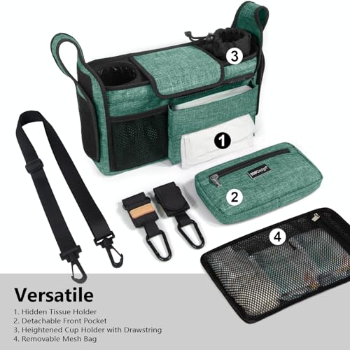 TOPDesign Universal Baby Stroller Organizer, Stroller Caddy with Detachable Mesh Bag & Heightened Insulated Cup Holders & Non-Slip Secure Hooks Accessories, Fits Most Strollers (Green) - color: Green, style: Pro