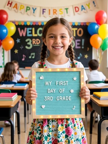 10"×10" Felt Letter Board with LED Lights & Stand, First Day of School Sign - color: Blue