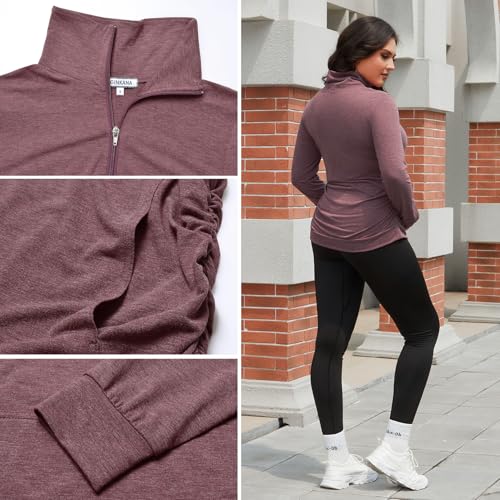 GINKANA Maternity Women's Long Sleeve Shirt Half Zipper Lapel Lightweight Casual Maternity Pullover with Pockets - color: Burgundy, size: Small