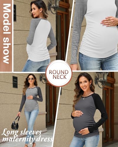 Neer 3 Pack Maternity Long Sleeve Shirts Ribbed Pregnancy Tops - color: Dark Gray, Light Heather Gray, White, size: Medium